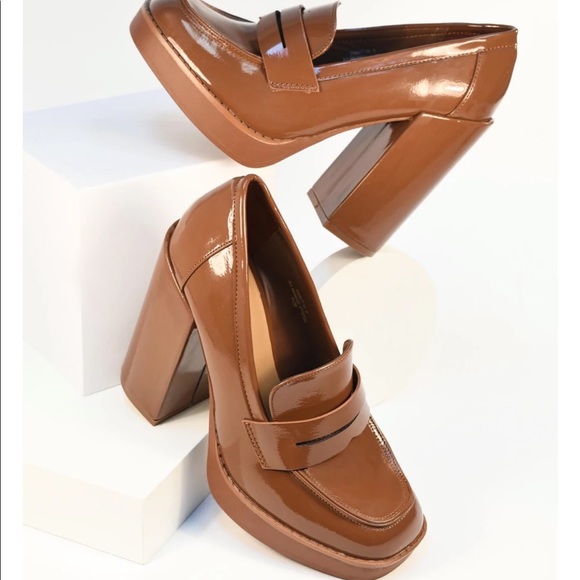 Tan Super Chunky Heel Penny Loafers - Picture 3 of 9